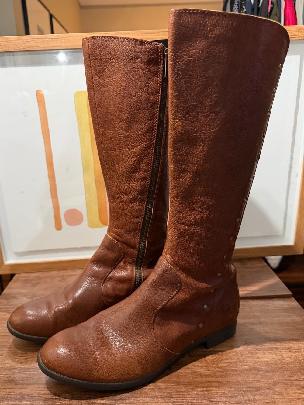 Born Brown Leather Tall Riding Boots Womens 8.5 Studded Back Full Side Zip